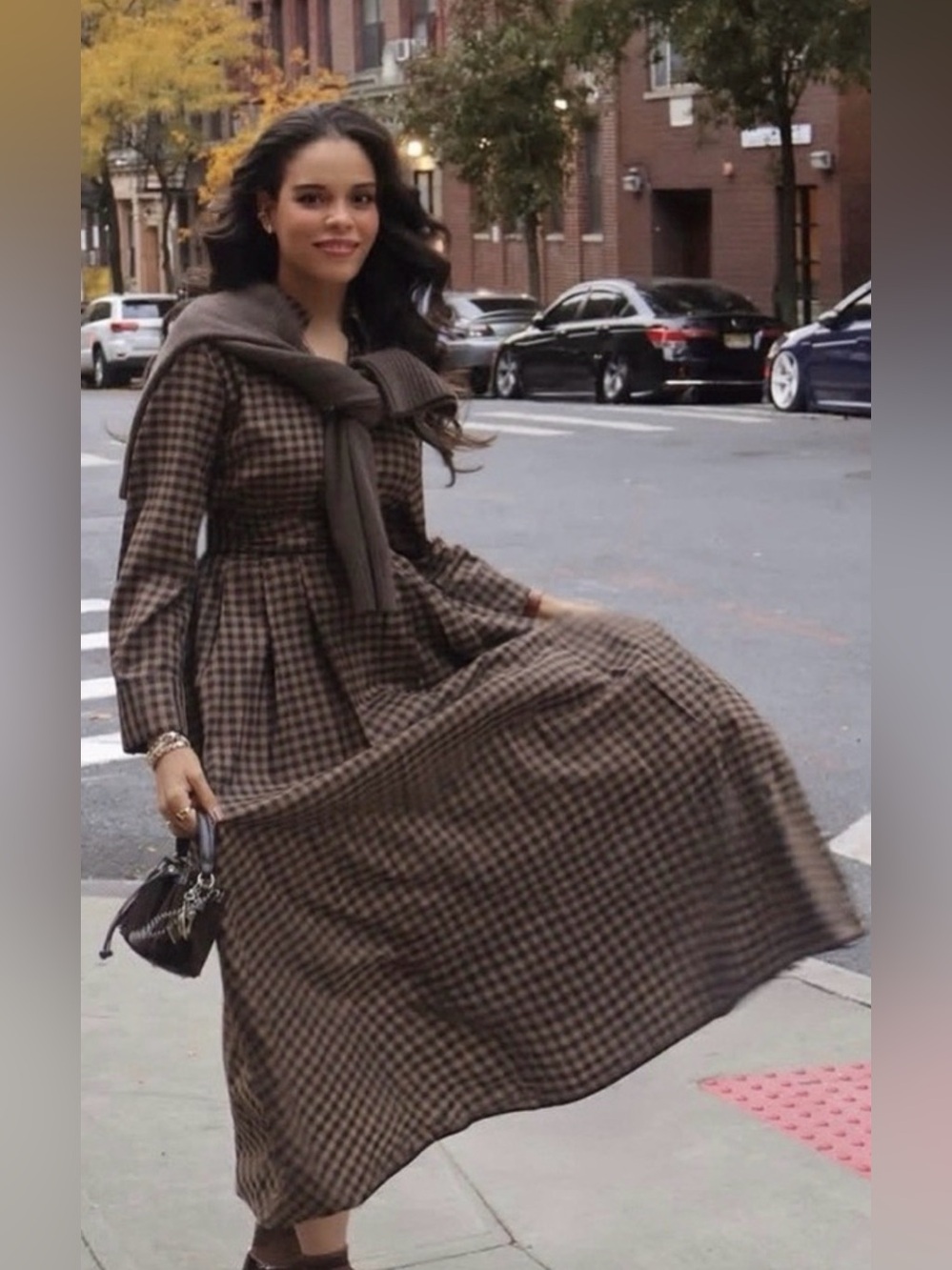 Zara Checkered Poplin Midi Shirt Dress Plaid Long Sleeves Caramel Navy Medium - Picture 4 of 16